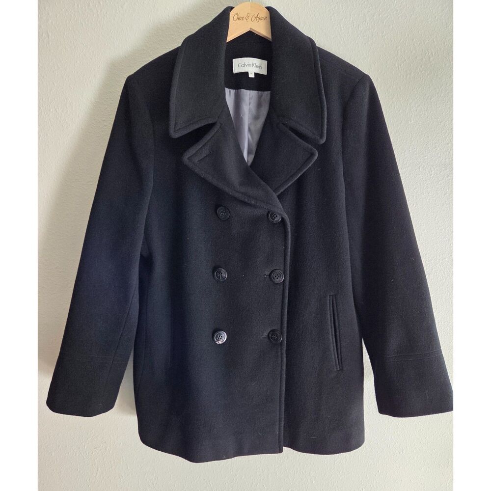 Calvin Klein Women's Size 16 XL Black Double Breasted Peacoat Wool Blend Coat